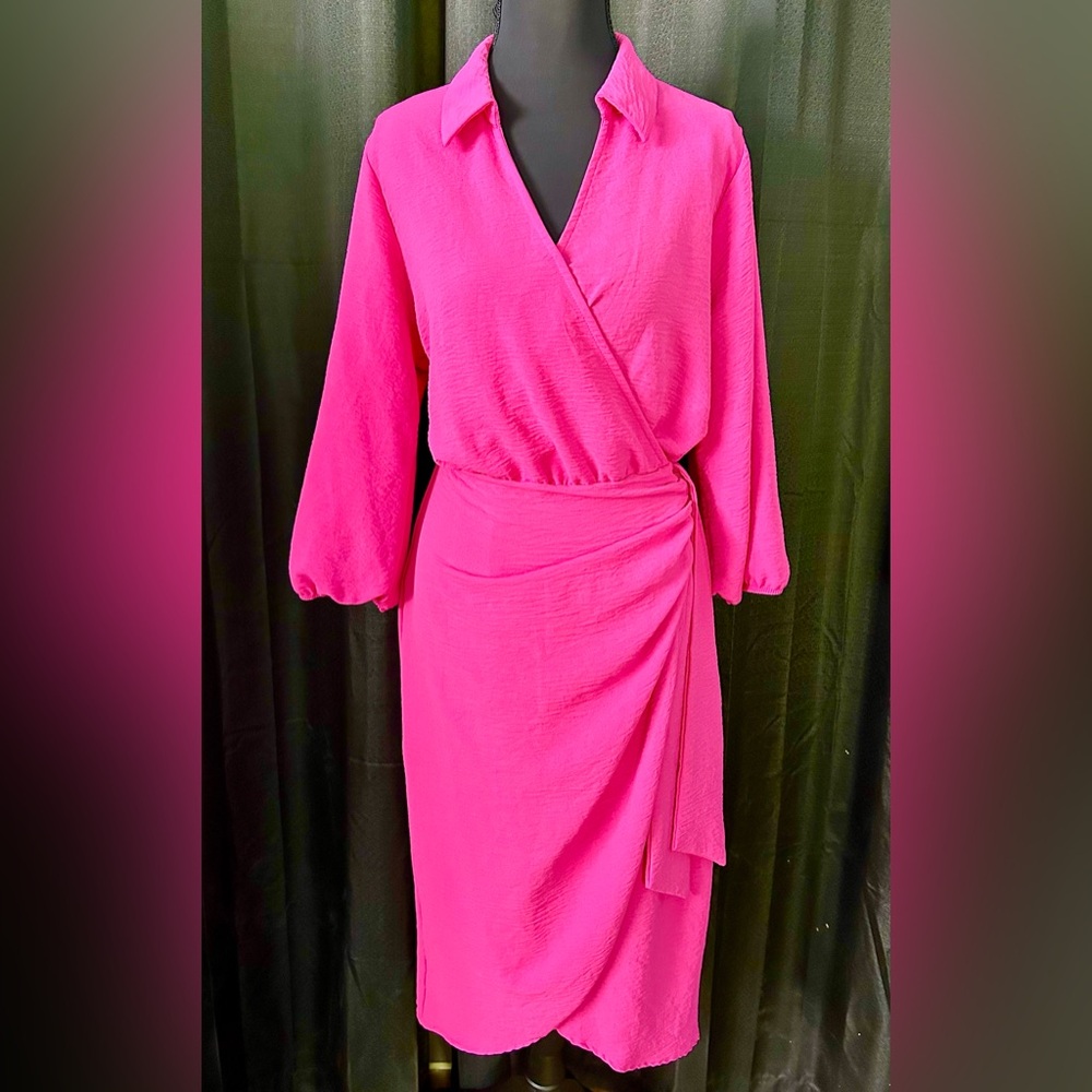 NAIF Bright-Pink Faux Wrap Midi Dress, Size L